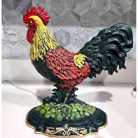 Vintage‎ Cast Iron Rooster Door Stop Original Hand Painted Heavy Farmhouse Decor - Picture 1 of 6